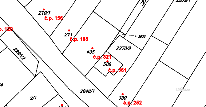 Bystřice pod Lopeníkem 321 na parcele st. 405 v KÚ Bystřice pod Lopeníkem, Katastrální mapa