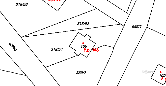 Obytce 103 na parcele st. 166 v KÚ Obytce, Katastrální mapa