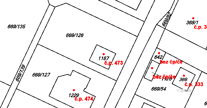 Chlumčany 473 na parcele st. 1187 v KÚ Chlumčany u Přeštic, Katastrální mapa