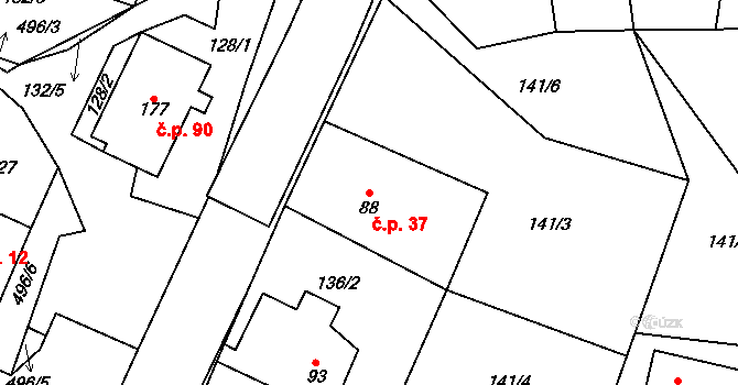 Vystrkov 37 na parcele st. 88 v KÚ Vystrkov u Humpolce, Katastrální mapa