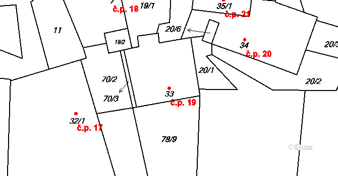 Mezná 19 na parcele st. 33 v KÚ Mezná u Pelhřimova, Katastrální mapa
