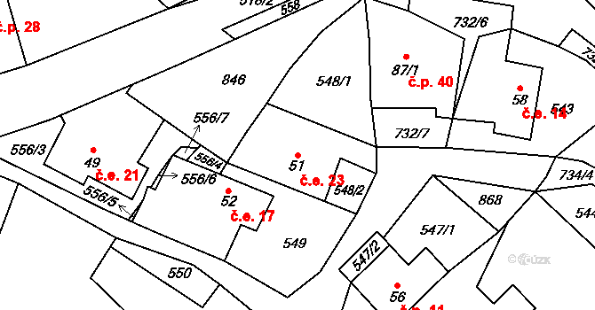 Skelná Huť 23, Krsy na parcele st. 51 v KÚ Trhomné, Katastrální mapa