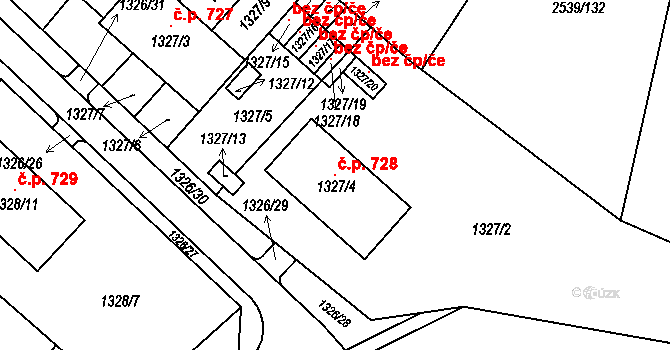 Velká Bíteš 728 na parcele st. 1327/4 v KÚ Velká Bíteš, Katastrální mapa