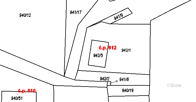 Dobšice 612 na parcele st. 942/5 v KÚ Dobšice u Znojma, Katastrální mapa