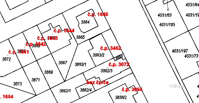 Strašnice 3462, Praha na parcele st. 3863/2 v KÚ Strašnice, Katastrální mapa