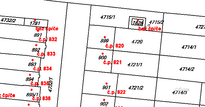 Hrušovany nad Jevišovkou 821 na parcele st. 900 v KÚ Hrušovany nad Jevišovkou, Katastrální mapa
