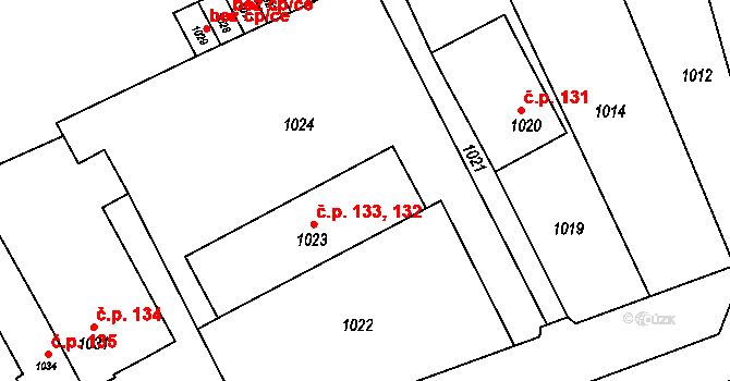 Prosenice 132,133 na parcele st. 1023 v KÚ Proseničky, Katastrální mapa