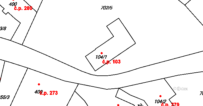 Valkeřice 103 na parcele st. 104/1 v KÚ Valkeřice, Katastrální mapa