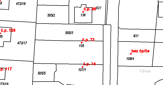 Chvalovice 73, Kovanice na parcele st. 108 v KÚ Chvalovice u Nymburka, Katastrální mapa
