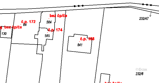 Postřižín 188 na parcele st. 841 v KÚ Postřižín, Katastrální mapa