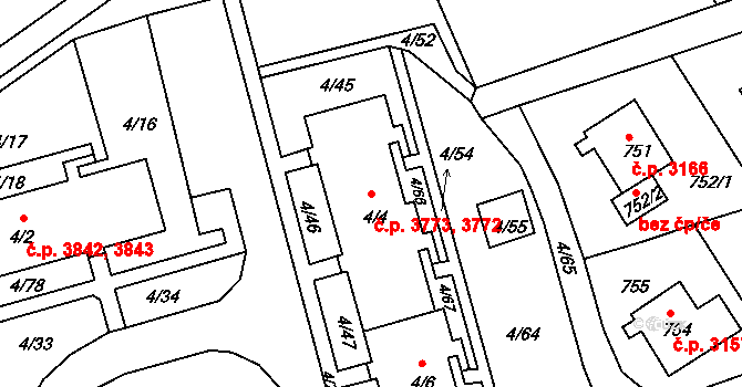 Mšeno nad Nisou 3772,3773, Jablonec nad Nisou na parcele st. 4/4 v KÚ Mšeno nad Nisou, Katastrální mapa