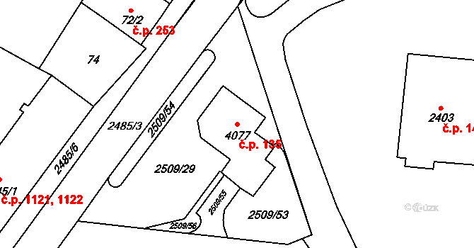 Kyjov 135 na parcele st. 4077 v KÚ Kyjov, Katastrální mapa