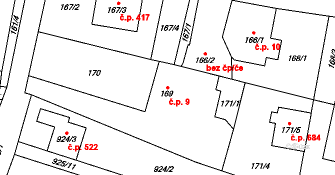 Krmelín 9 na parcele st. 169 v KÚ Krmelín, Katastrální mapa