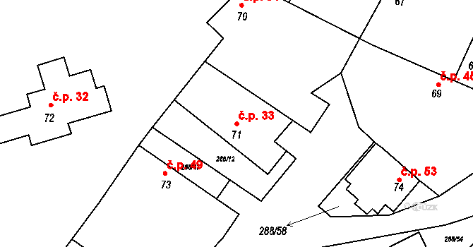 Doubravčice 33 na parcele st. 71 v KÚ Doubravčice, Katastrální mapa