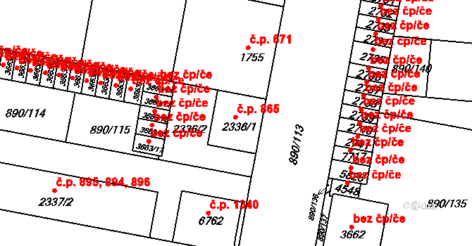 Horka-Domky 865, Třebíč na parcele st. 2336/1 v KÚ Třebíč, Katastrální mapa