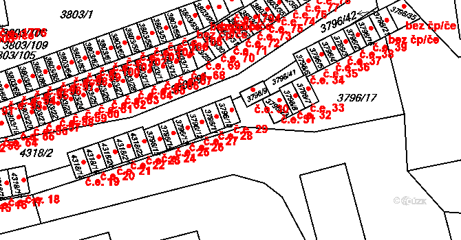Teplice 29 na parcele st. 3796/10 v KÚ Teplice, Katastrální mapa