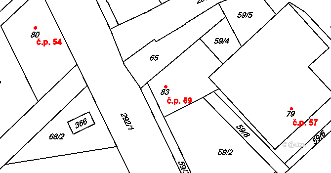 Rozvadovice 59, Litovel na parcele st. 83 v KÚ Rozvadovice, Katastrální mapa