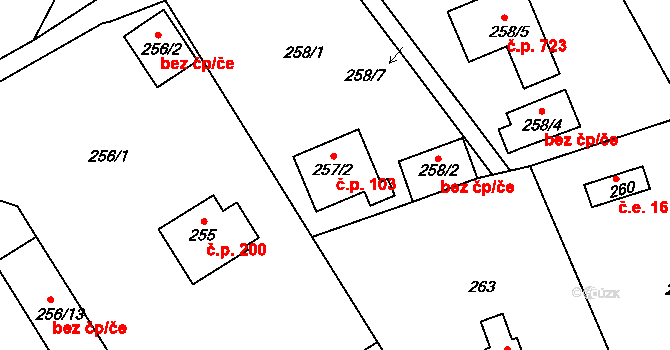 Lipence 103, Praha na parcele st. 257/2 v KÚ Lipence, Katastrální mapa