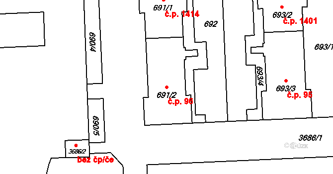 Břevnov 96, Praha na parcele st. 691/2 v KÚ Břevnov, Katastrální mapa