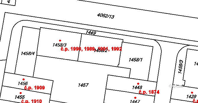 Libeň 1989,1990,1991,1992, Praha na parcele st. 1458/2 v KÚ Libeň, Katastrální mapa