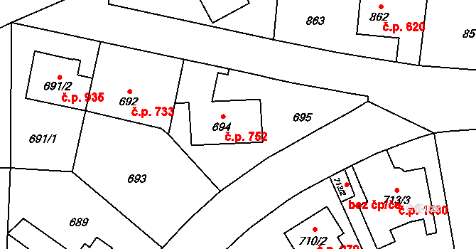 Kyje 752, Praha na parcele st. 694 v KÚ Kyje, Katastrální mapa
