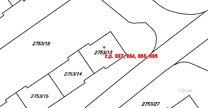 Hostivař 884,885,886,887, Praha na parcele st. 2753/13 v KÚ Hostivař, Katastrální mapa