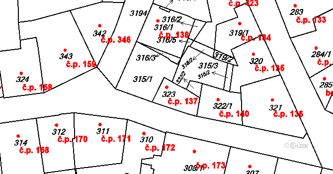 Příbram II 137, Příbram na parcele st. 323 v KÚ Příbram, Katastrální mapa
