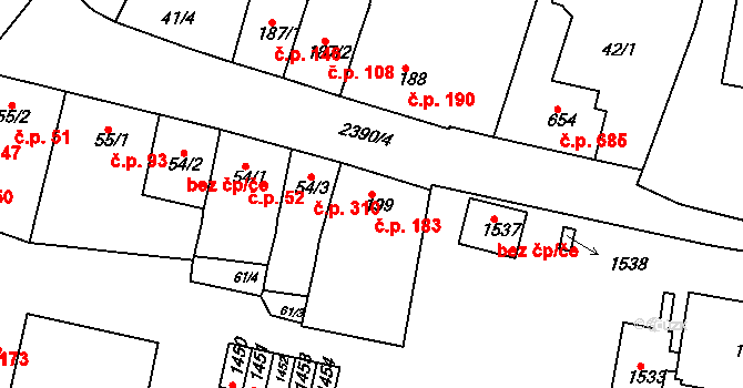Rosice 183 na parcele st. 199 v KÚ Rosice u Brna, Katastrální mapa