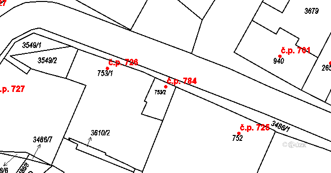Rosice 784 na parcele st. 753/2 v KÚ Rosice u Brna, Katastrální mapa
