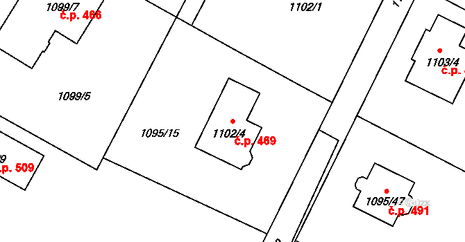 Hřebeč 469 na parcele st. 1102/4 v KÚ Hřebeč, Katastrální mapa