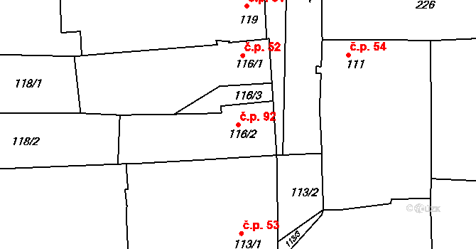 Šafov 92 na parcele st. 116/2 v KÚ Šafov, Katastrální mapa