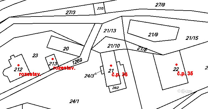 Heřmanov 36 na parcele st. 21 v KÚ Heřmanov, Katastrální mapa