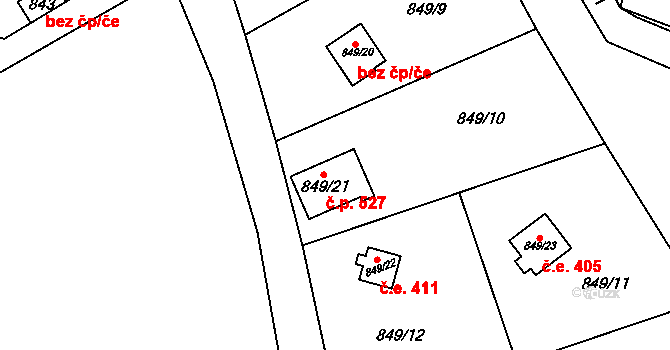 Všenory 527 na parcele st. 849/21 v KÚ Všenory, Katastrální mapa