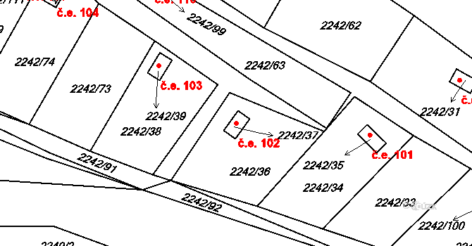 Bylnice 102, Brumov-Bylnice na parcele st. 2242/37 v KÚ Bylnice, Katastrální mapa