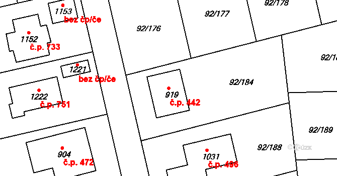 Nučice 442 na parcele st. 919 v KÚ Nučice u Rudné, Katastrální mapa