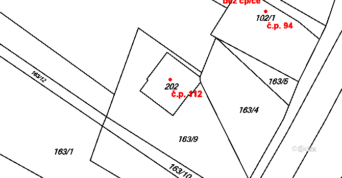 Lhotka 112 na parcele st. 202 v KÚ Lhotka u Mělníka, Katastrální mapa