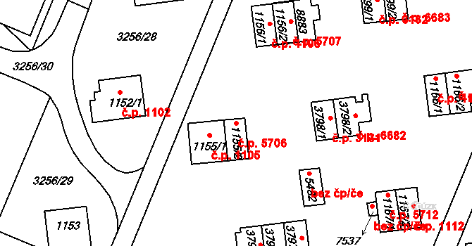 Zlín 5706 na parcele st. 1155/2 v KÚ Zlín, Katastrální mapa