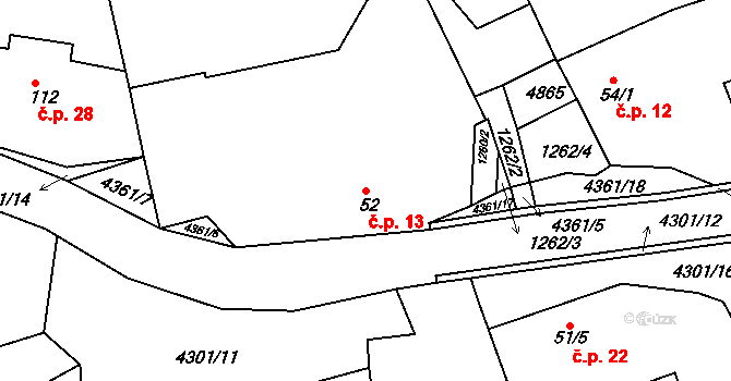 Úročnice 13, Benešov na parcele st. 52 v KÚ Úročnice, Katastrální mapa