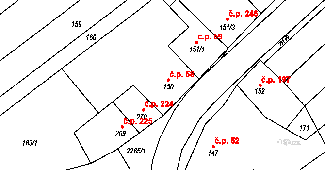 Křižanov 58 na parcele st. 150 v KÚ Křižanov, Katastrální mapa