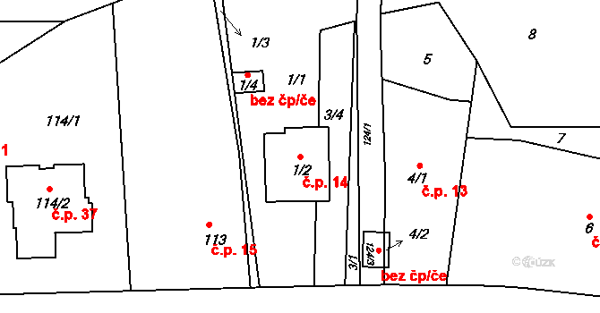 Vrbka 14, Služovice na parcele st. 1/2 v KÚ Vrbka u Opavy, Katastrální mapa