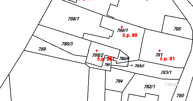 Suché Lazce 267, Opava na parcele st. 786/2 v KÚ Suché Lazce, Katastrální mapa