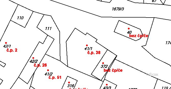 Budišovice 38 na parcele st. 41/1 v KÚ Budišovice, Katastrální mapa