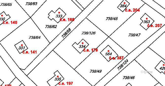Vlkančice 178 na parcele st. 334 v KÚ Vlkančice, Katastrální mapa