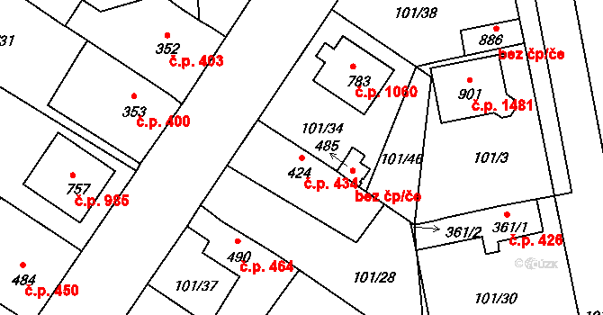 Rudná 434 na parcele st. 424 v KÚ Dušníky u Rudné, Katastrální mapa