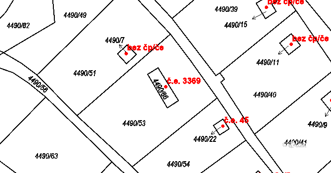 Předměstí 3369, Litoměřice na parcele st. 4490/86 v KÚ Litoměřice, Katastrální mapa