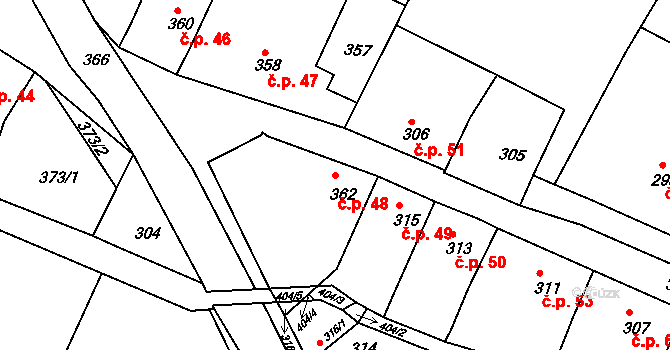 Popovice 48, Rataje na parcele st. 362 v KÚ Popovice u Kroměříže, Katastrální mapa