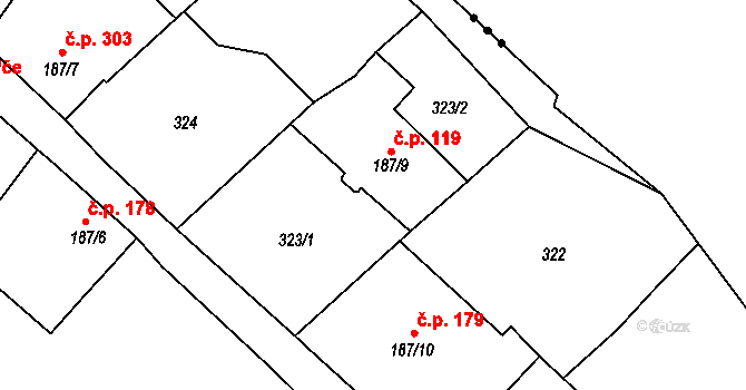 Vranov nad Dyjí 119 na parcele st. 187/9 v KÚ Vranov nad Dyjí, Katastrální mapa