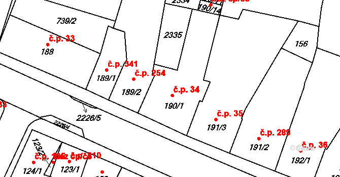 Lišov 34 na parcele st. 190/1 v KÚ Lišov, Katastrální mapa