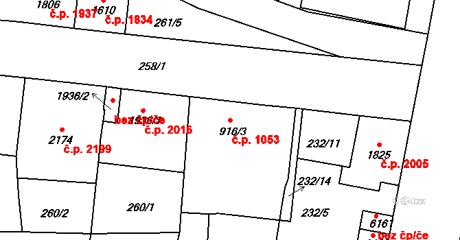 Jablonec nad Nisou 1053 na parcele st. 916/3 v KÚ Jablonec nad Nisou, Katastrální mapa