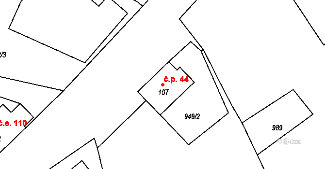 Růžená 44 na parcele st. 107 v KÚ Růžená, Katastrální mapa